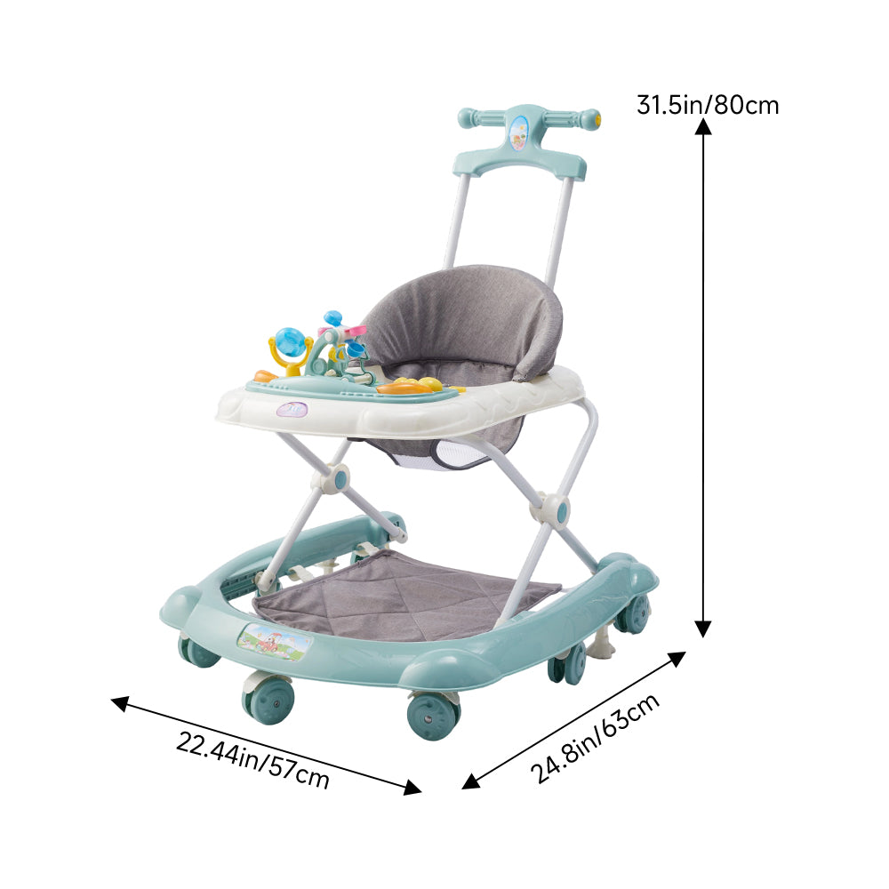 Adjustable Baby Walker, Foldable Walker, Multifunctional Baby Walker, Feeding Tray, Interactive Music, Toys, Wheel Safety Breaks | Cyan