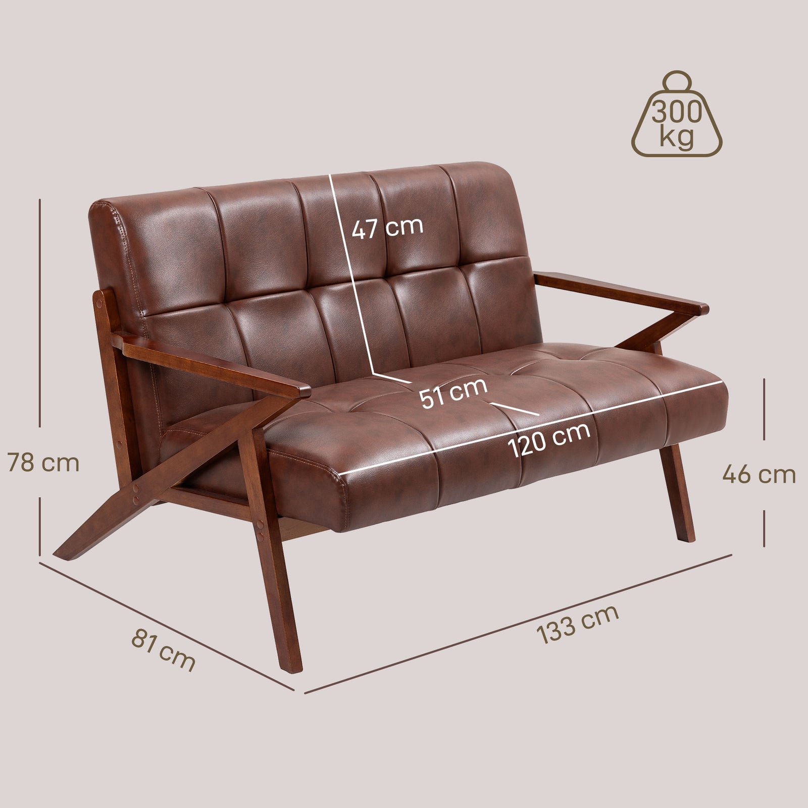 Compact Small Sofa With Solid Wood Frame, Vintage 2 Seater Sofa Brown