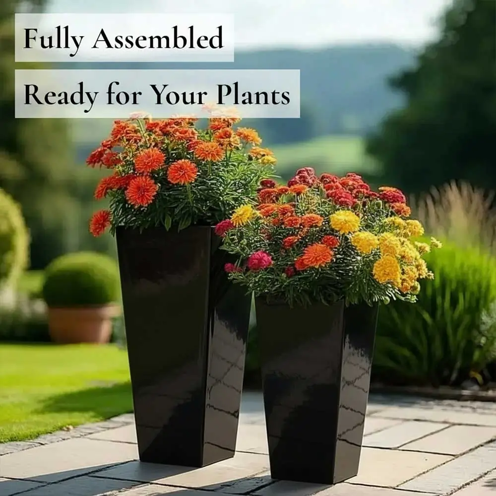 Zinc Galvanised Tall Flared Tapered Square Planter | 30cm x 30cm x 70cm | Glossy Black