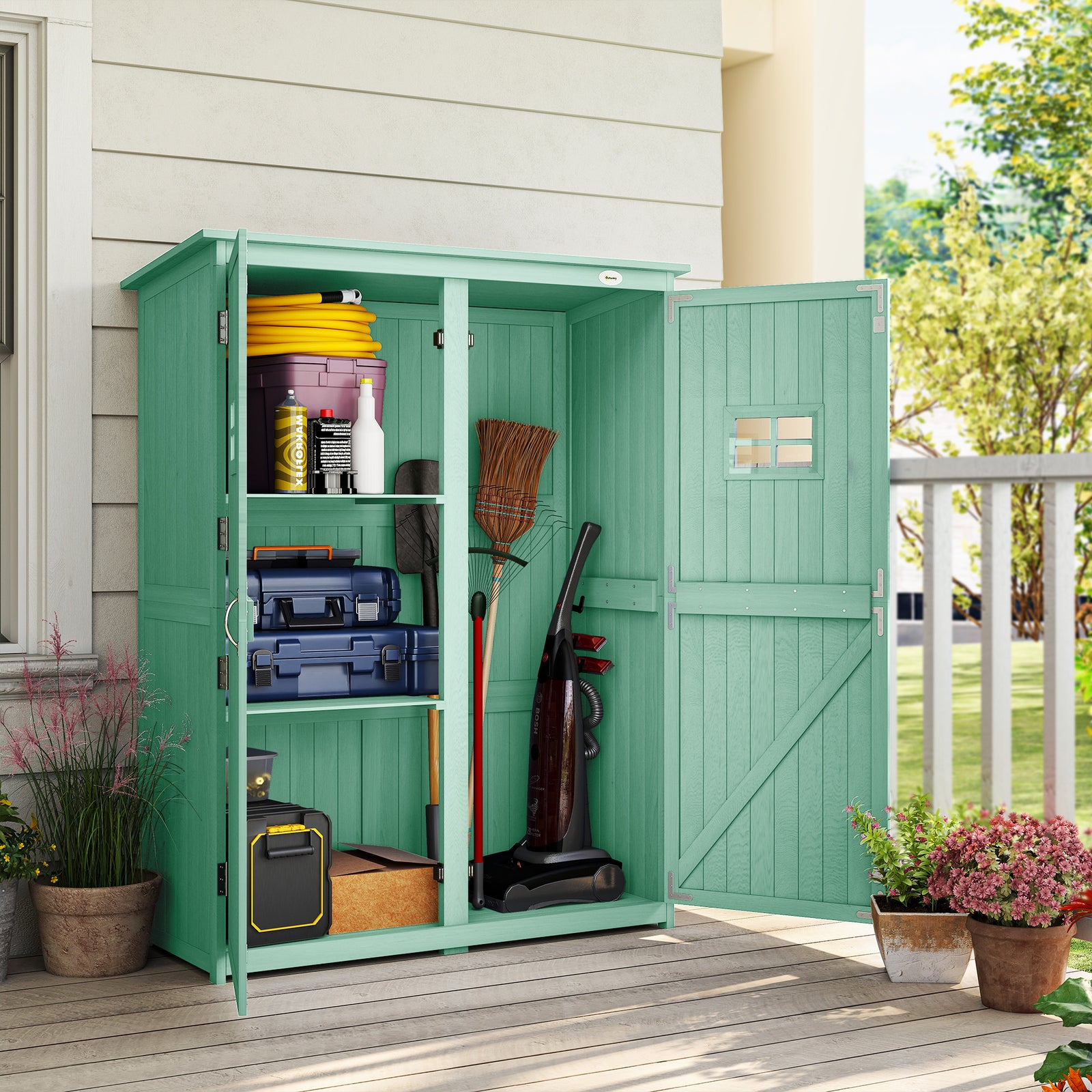 Wooden Garden Tool Storage Cabinet Double Door Shelf Green