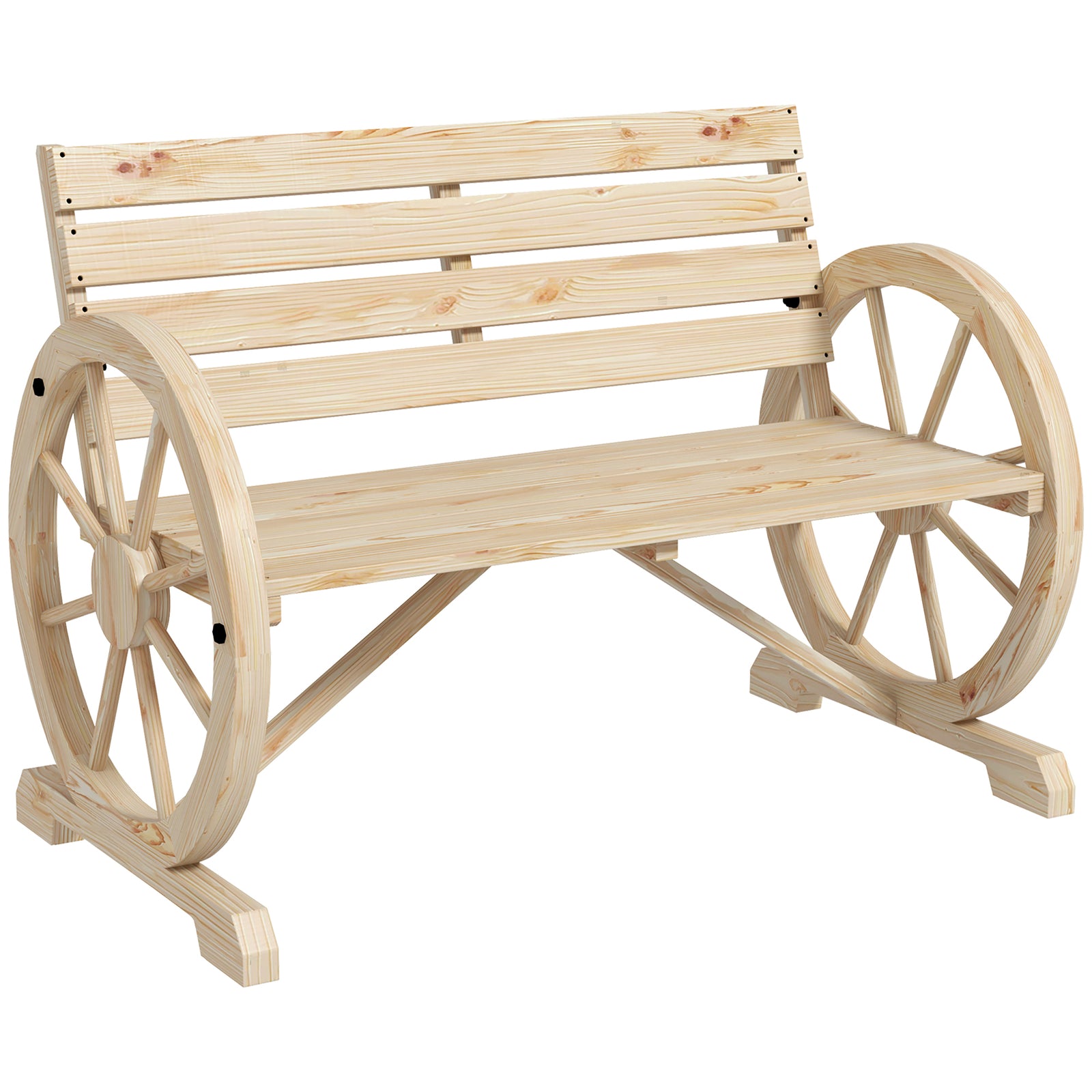 2 Seater Garden Bench W/ Wooden Cart Wagon Wheel Natural