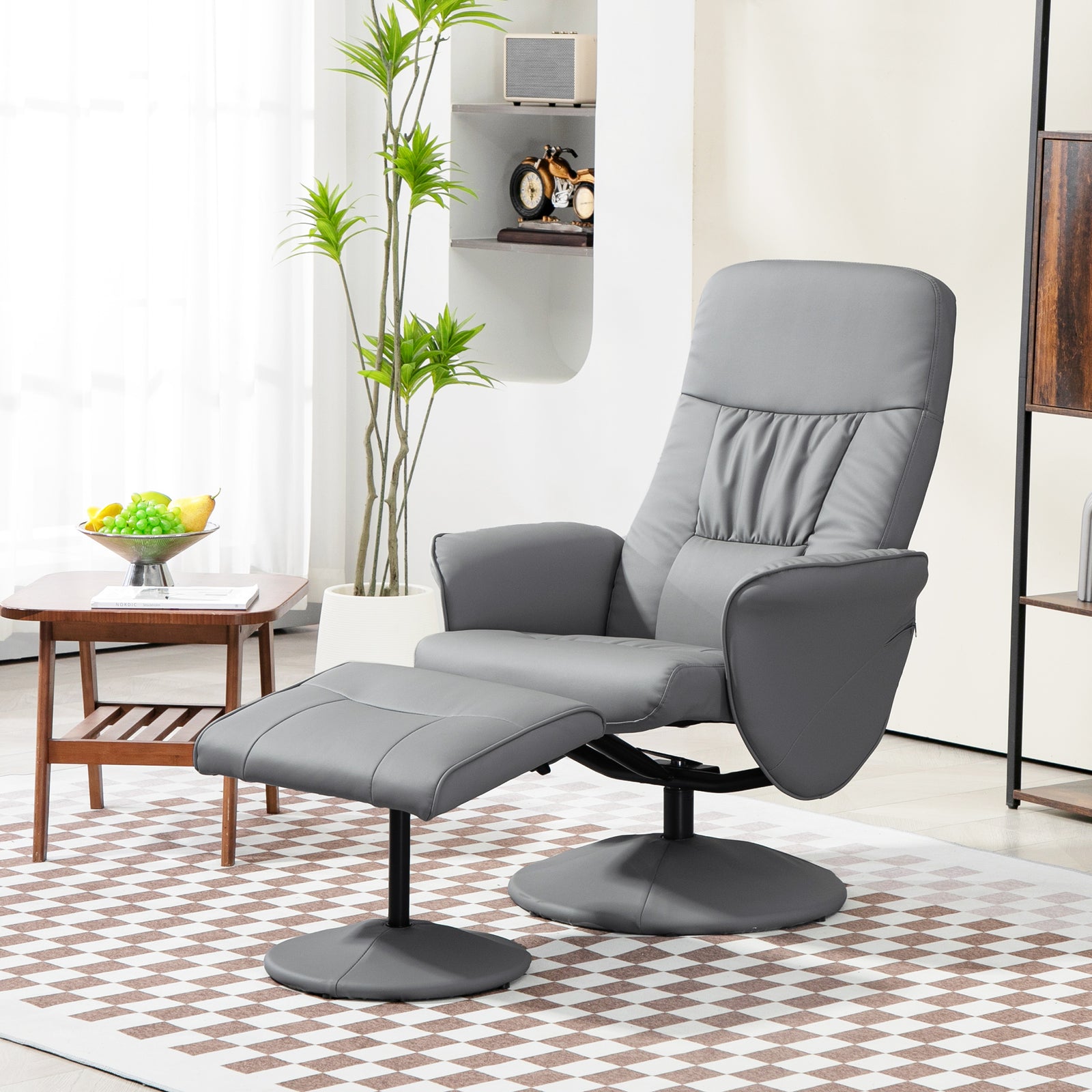 Pu Leather Armchair And Footrest Swivel Recliner W/ Ottoman | One Size | Light Slate Grey