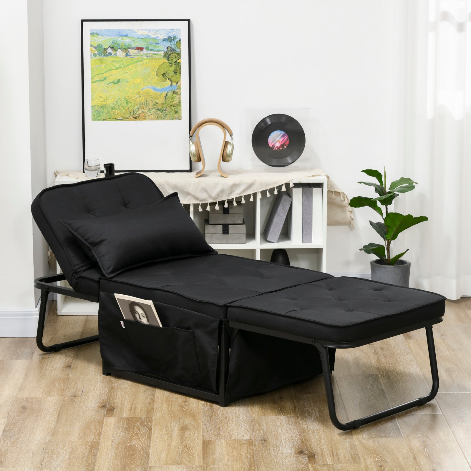 Folding Sleeper Chair Bed With Pillow And Side Pockets | One Size | Black