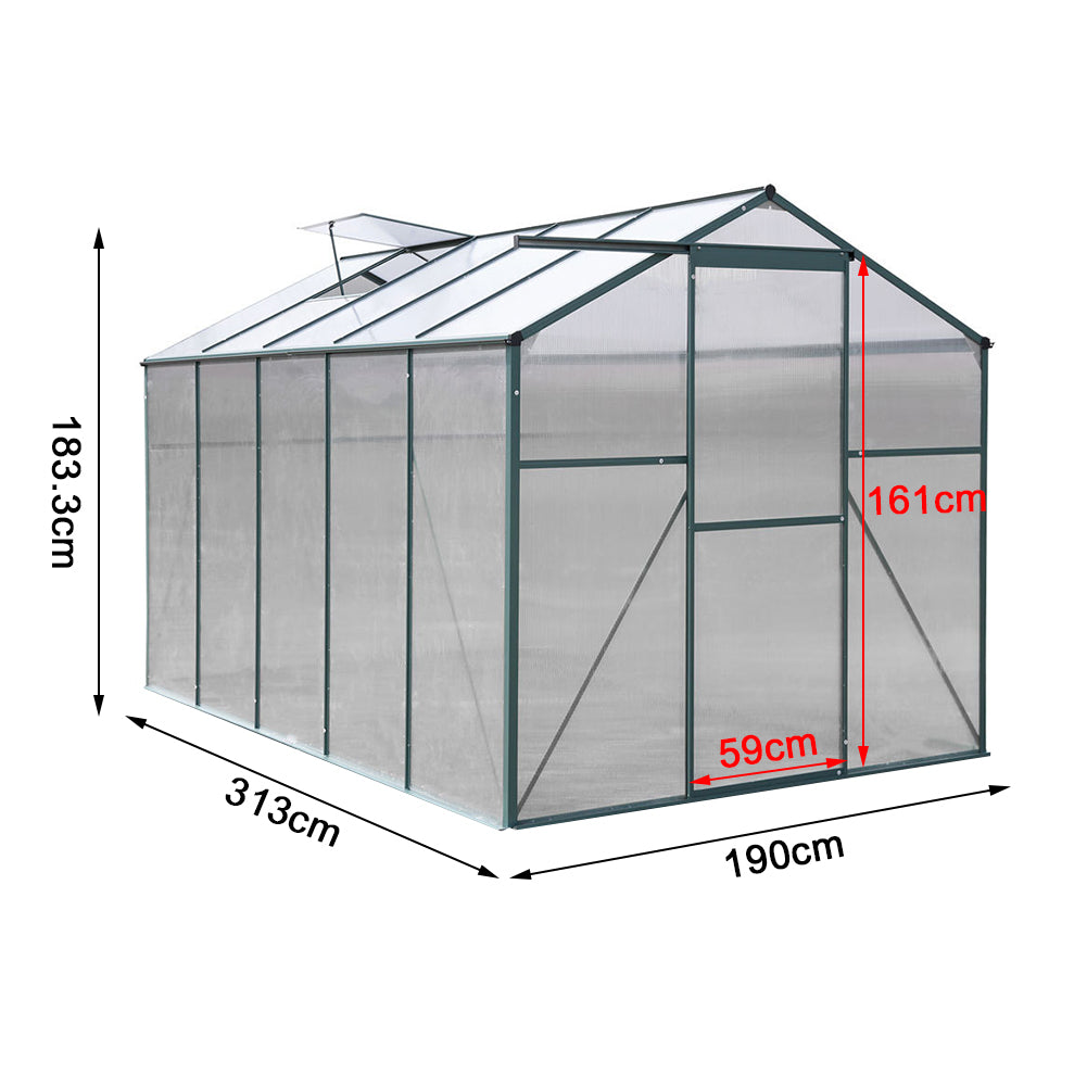 Polycarbonate Greenhouse– Aluminum Frame Walk-in Greenhouse With Sliding Door & 2 Ventilation Window For Plants & Flowers | Green