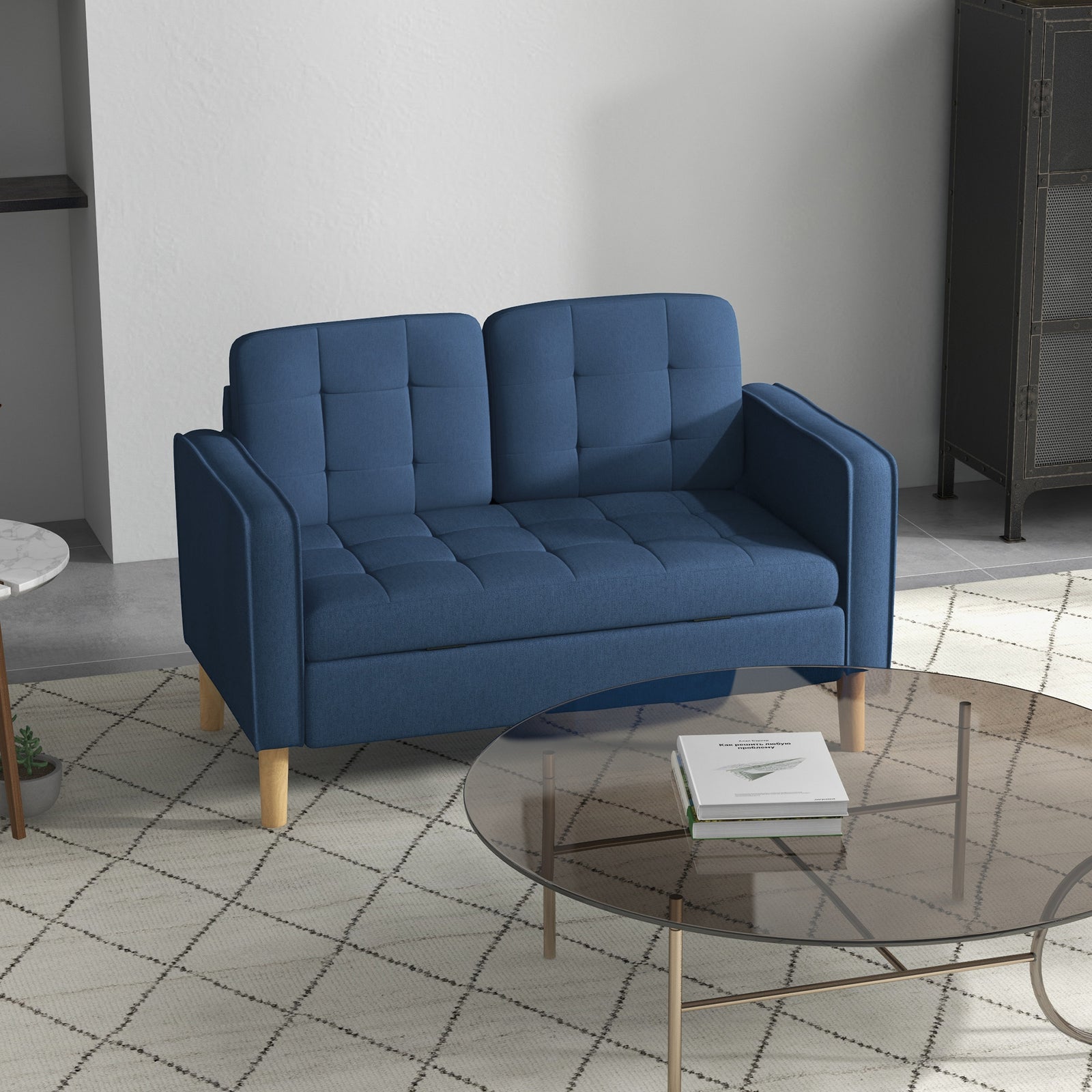 Compact Loveseat 2 Seater Sofa With Storage Wood Legs | One Size | Blue