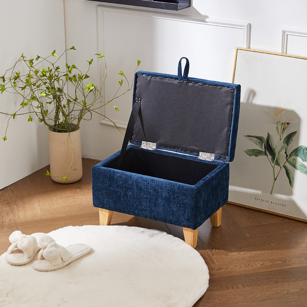 Chenille Upholstered Storage Ottoman Compact Footstool With Hidden Storage | Small | Blue