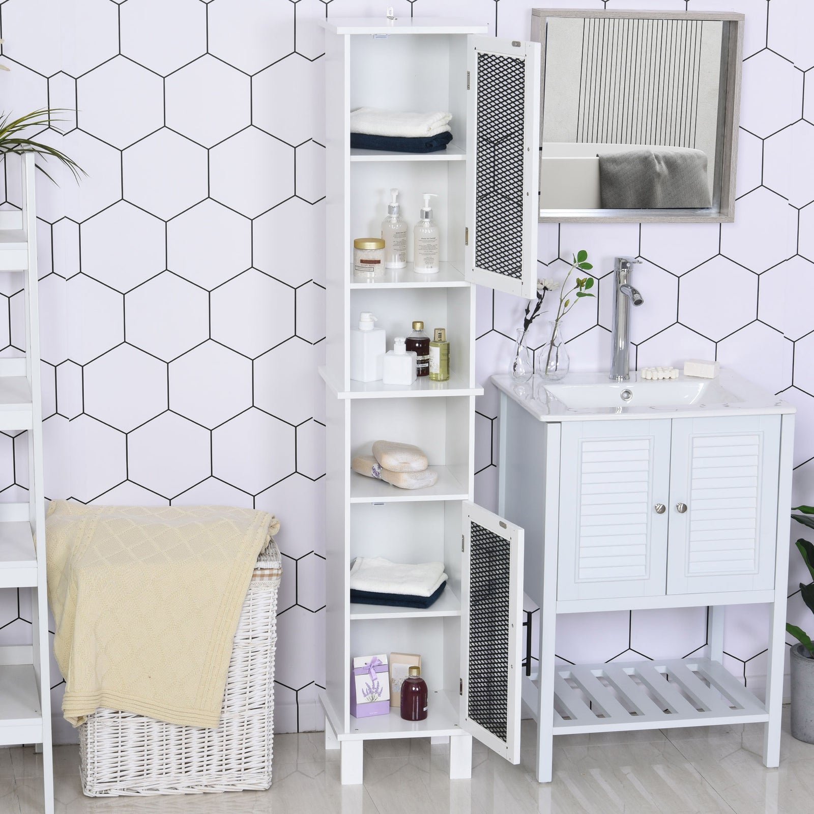HOMCOM 6-tier Retro Bathroom Cabinet Patterned Glass Door Anti-tilt