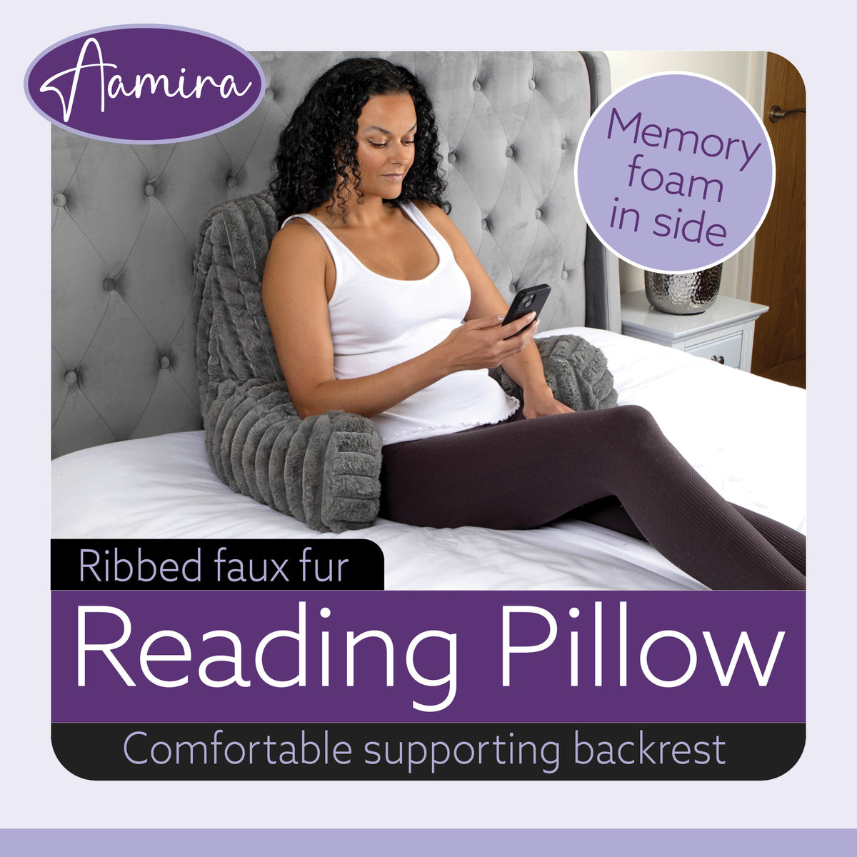 Deluxe Large Reading Pillow, Soft Ribbed Faux Fur, Shredded Memory Foam Cuddle Cuddle Cushion Backrest Arm Support | L | Grey