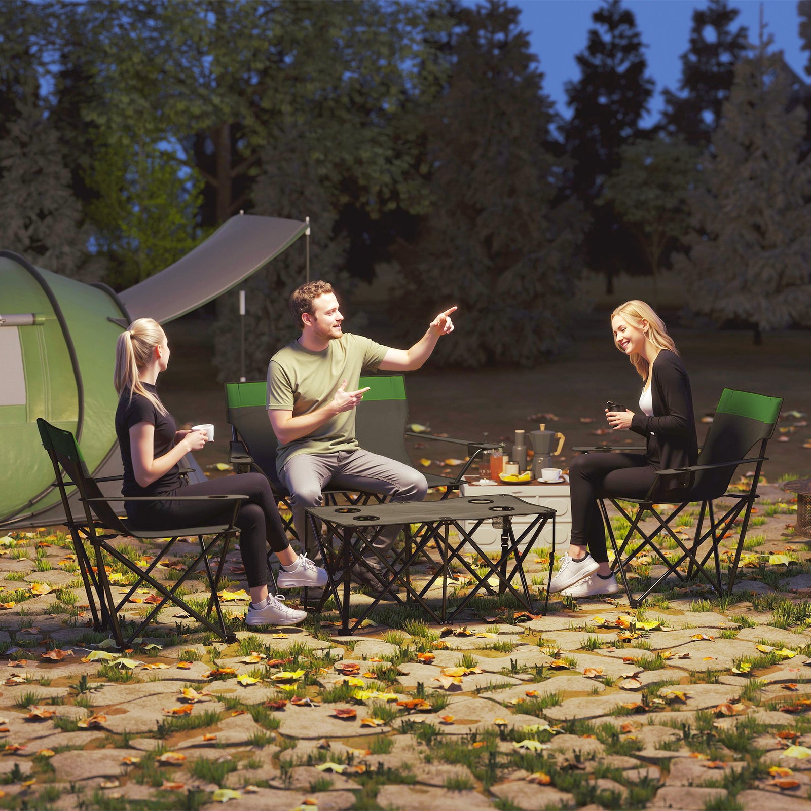 4-piece Foldable Camping Table & Chairs Set, Olive Green