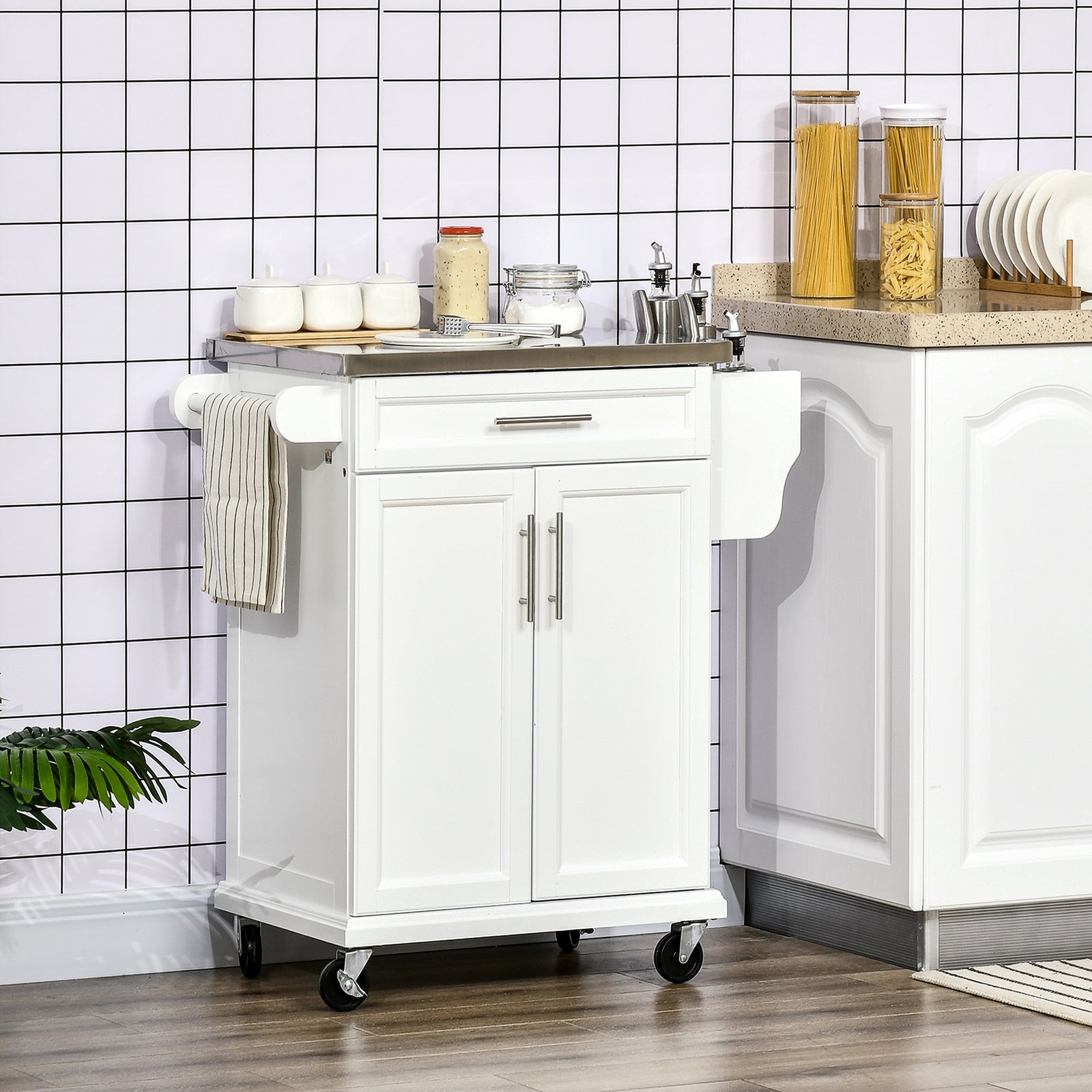 Kitchen Cart Storage Trolley W/ Drawer Cupboard Towel Rail | White