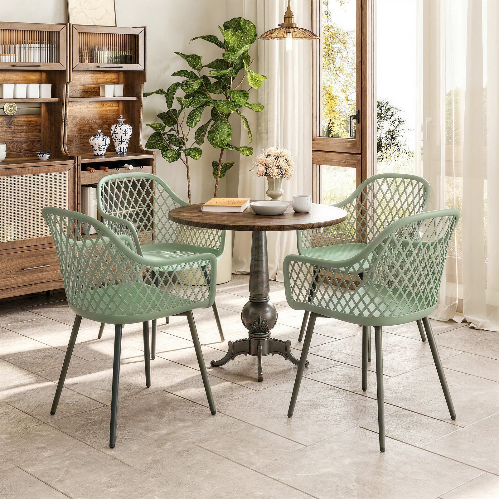 Garden Chairs Set, Garden Dining Chairs With Armrests | Set-of-4 | Green