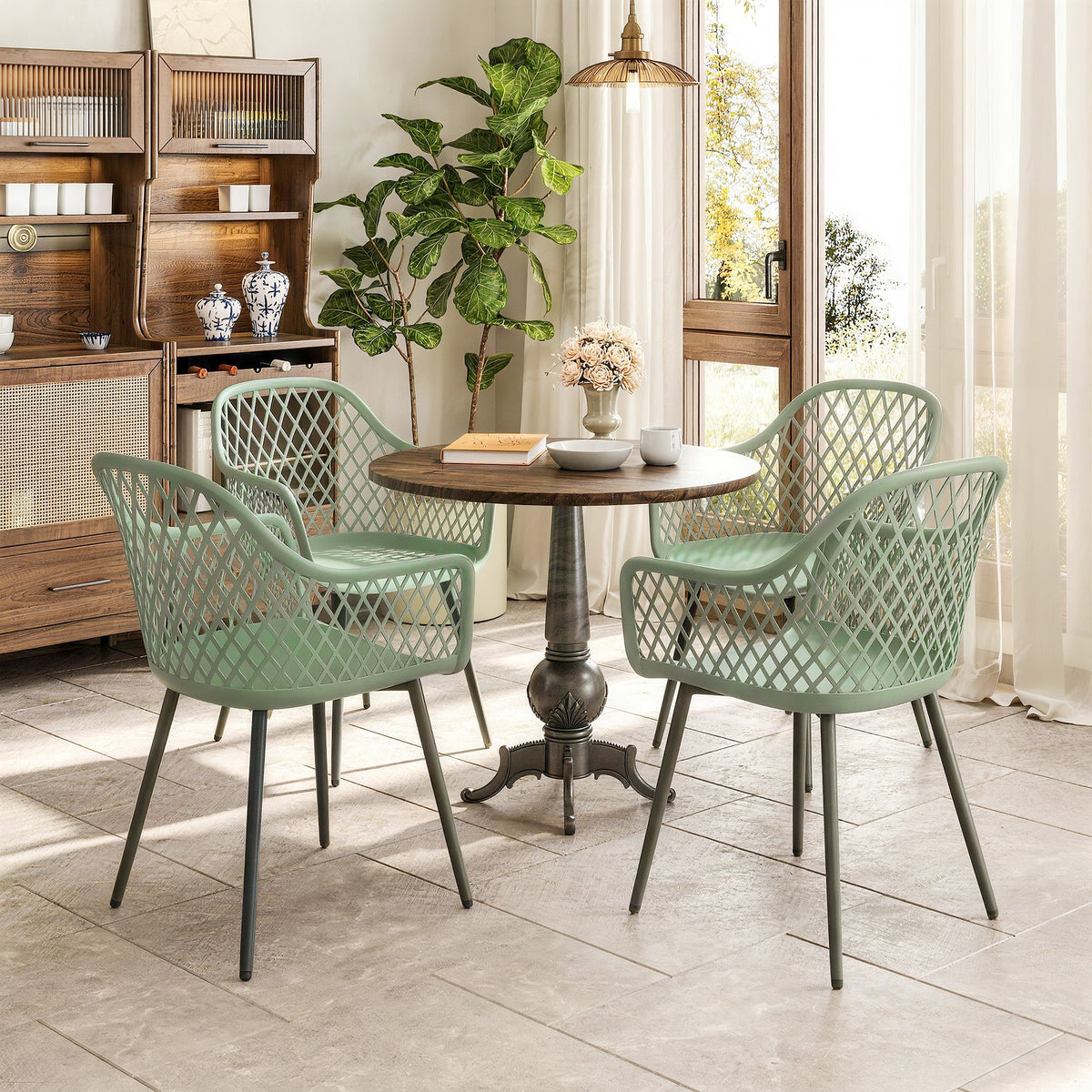 Garden Chairs Set, Garden Dining Chairs With Armrests | Set of 4 | Green