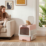 Cat Litter Box, Enclosed Cat Litter Box W/ Lid, Pull-out Drawer Tray | Pink