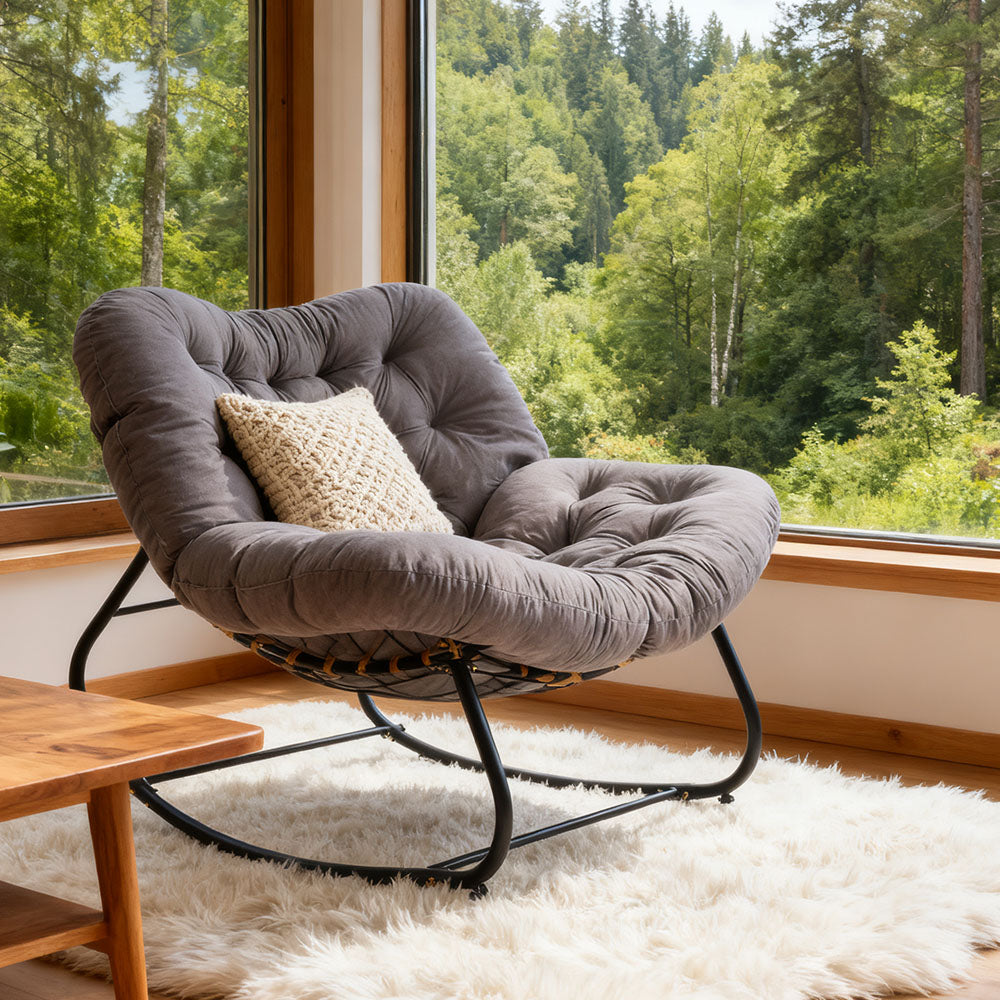Elegant Rattan Rocking Chair With Cushioned Seat – Stylish And Comfortable Relaxation | Grey