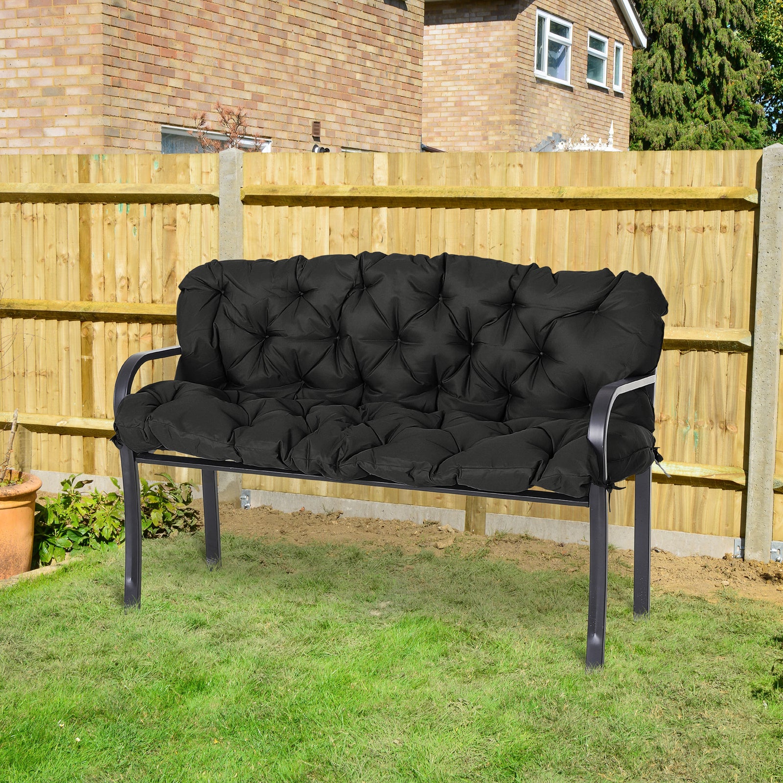 3 Seater Garden Bench Cushion Outdoor Seat Pad With Ties | Black