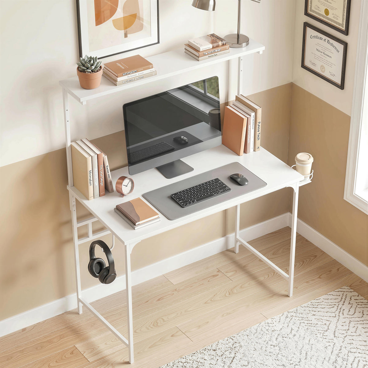 Computer Desk, 80cm Home Office Study Table With Hutch Shelf | White