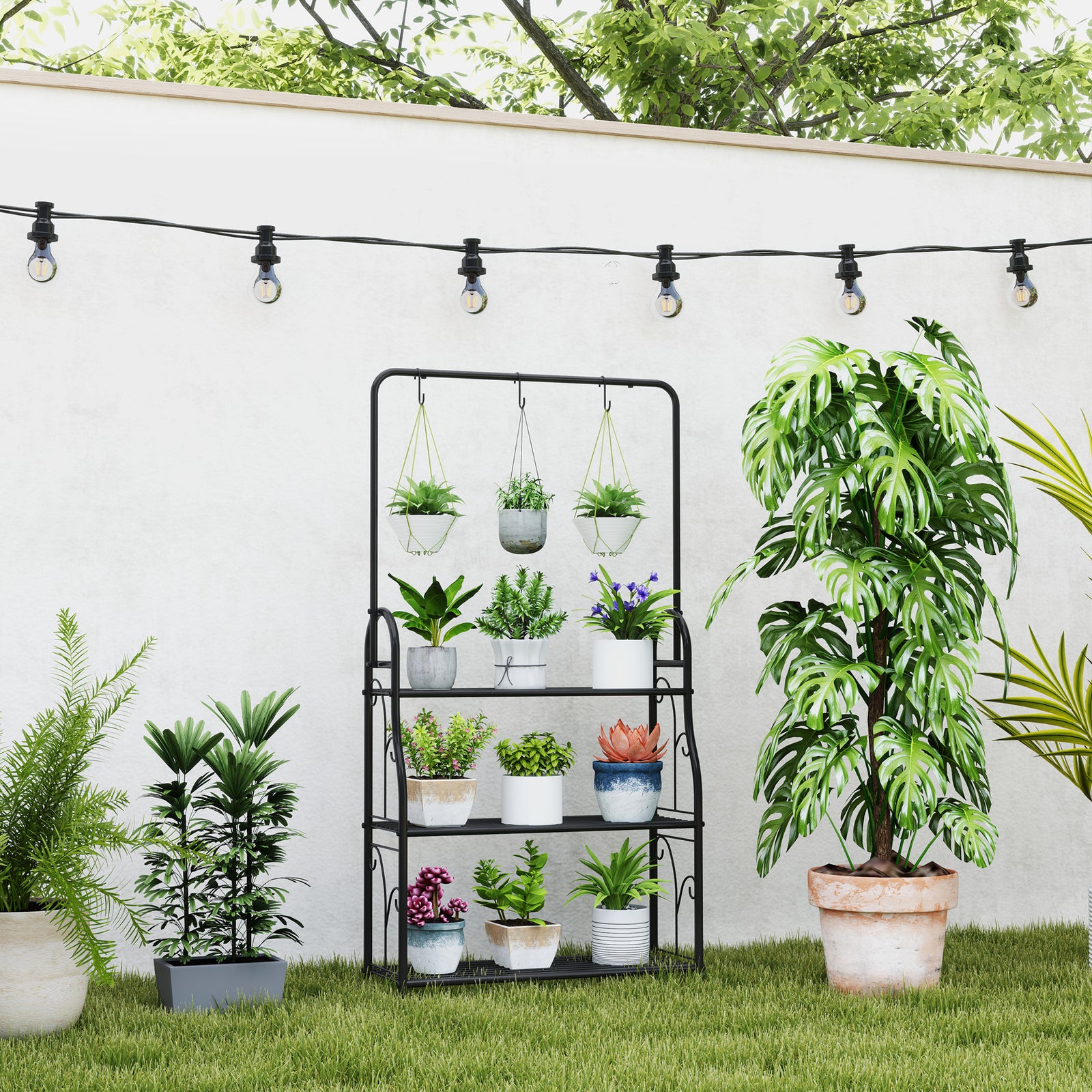 3 Tier Plant Stand W/ Hanging Hooks For Balcony Living Room