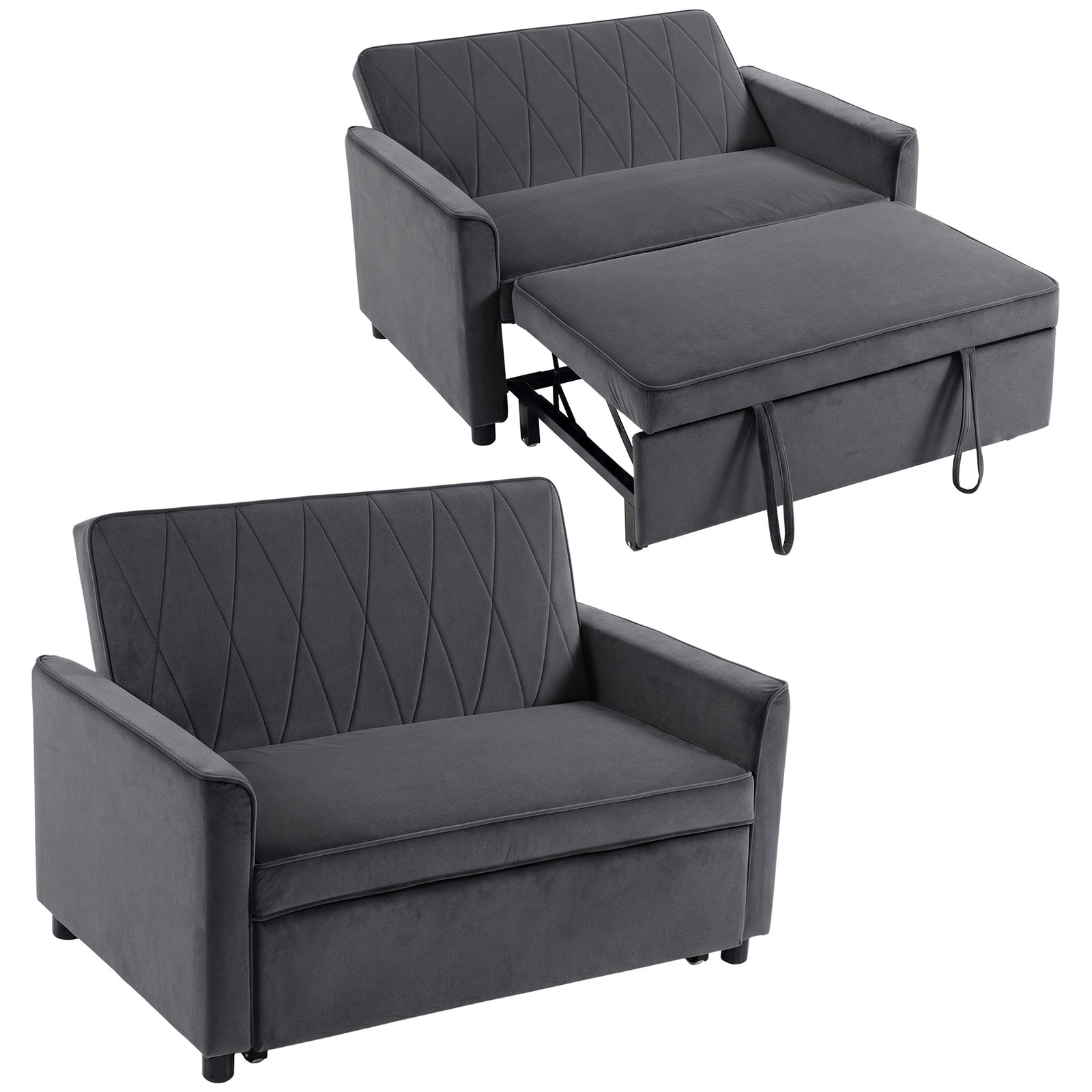 2 Seater Sofa Bed, 3-in-1 Velvet Pull Out Sleeper Sofa | Dark Grey