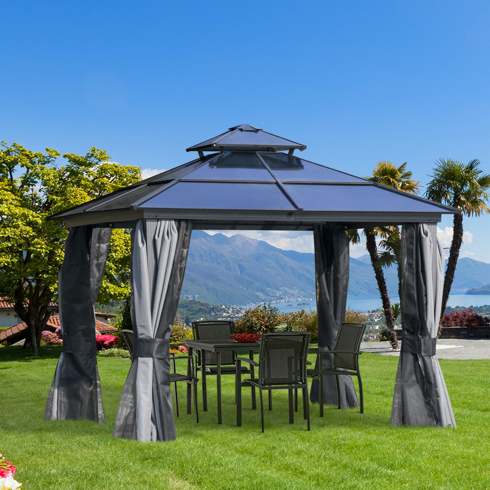 Pc Hardtop Gazebo W/ Double Roof & Aluminium Frame | Medium | Charcoal Gray