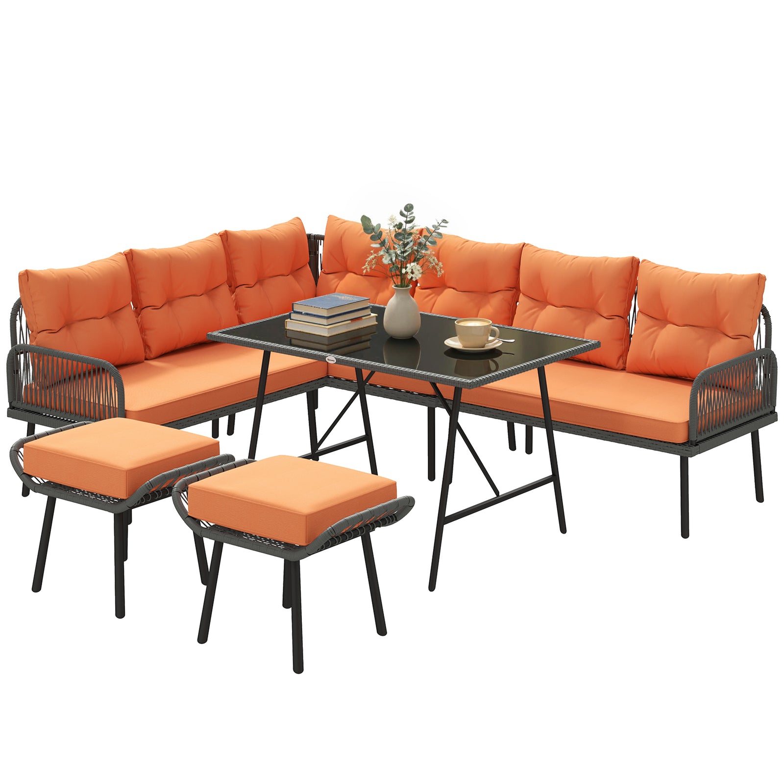 Sectional Outdoor Furniture With Glass Top Table | Orange