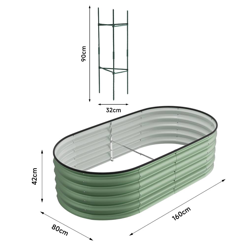 160/240/320cm W X 80cm D X 42cm H Green Raised Garden Bed With Safety Edging & Ground Stakes Oval Galvanized Steel Planter For Backyard Gardening | Small | Light Green