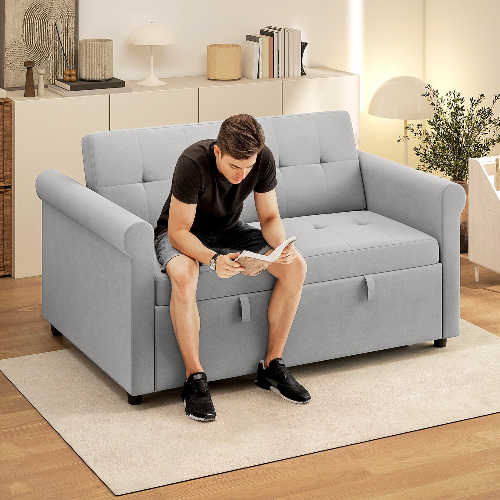 Convertible Pull Out Sleeper Sofa Bed Settee For Living Room, Grey