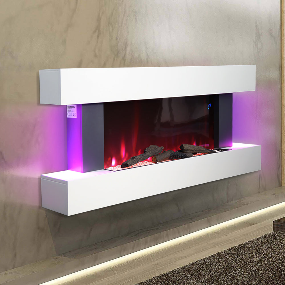 52-inch Electric Fireplace Suite, Black Fire With White Led Surround, Remote Control, Dual Side Nightlights & 7 Flame Colors