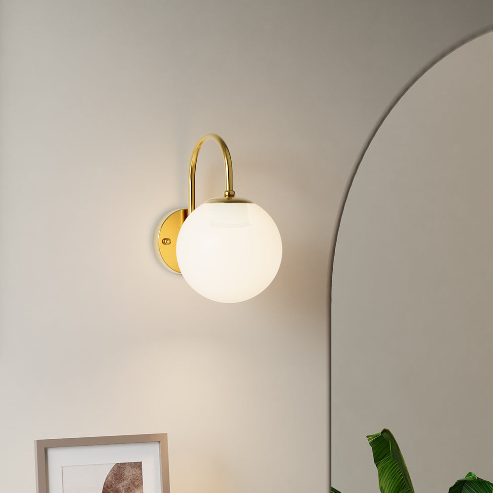 Contemporary Wall Lamp With White Glass Globe Shade And Gold Iron Frame – Elegant Lighting
