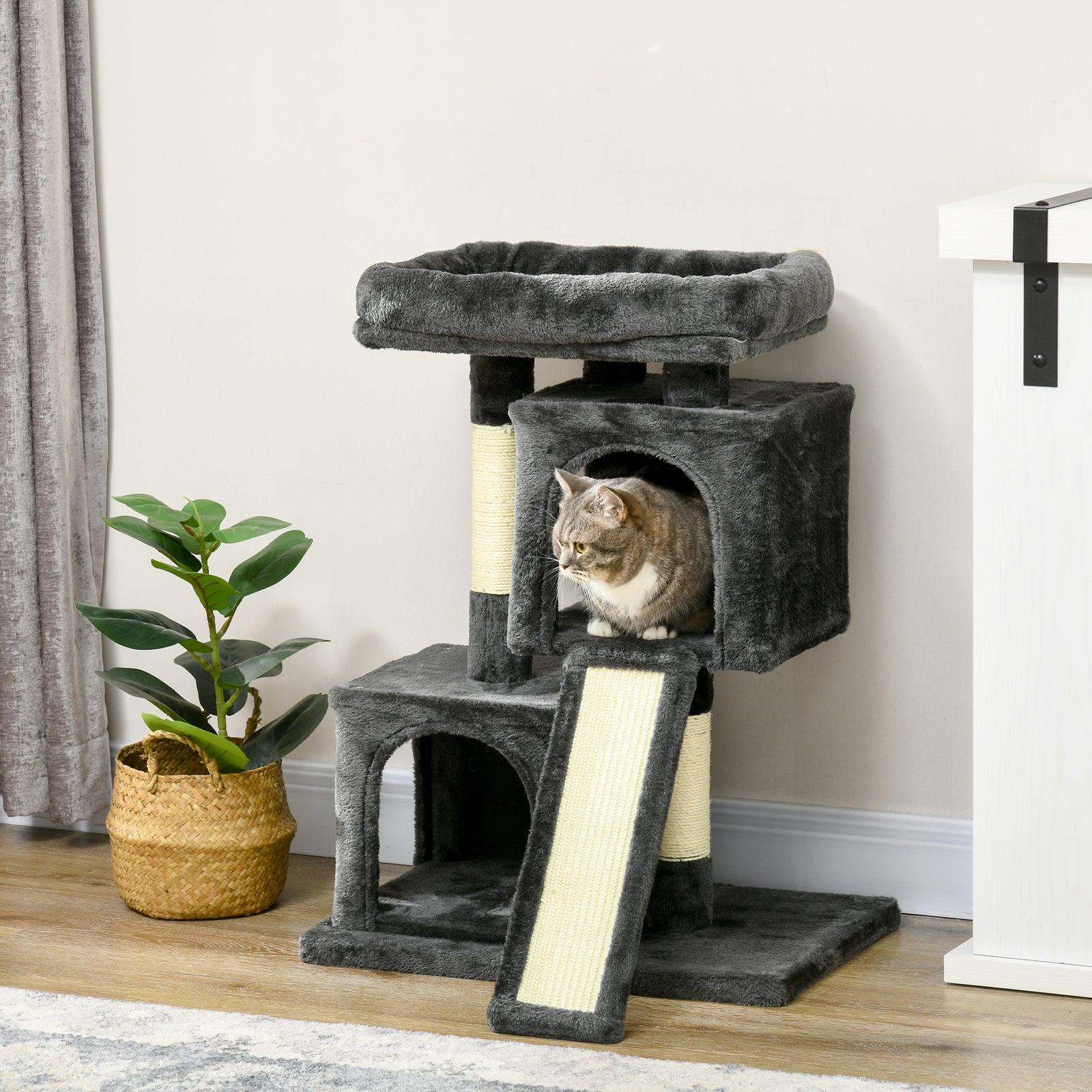 Cat Rest & Play Activity Tree W/ 2 House Perch Scratching Post | Black