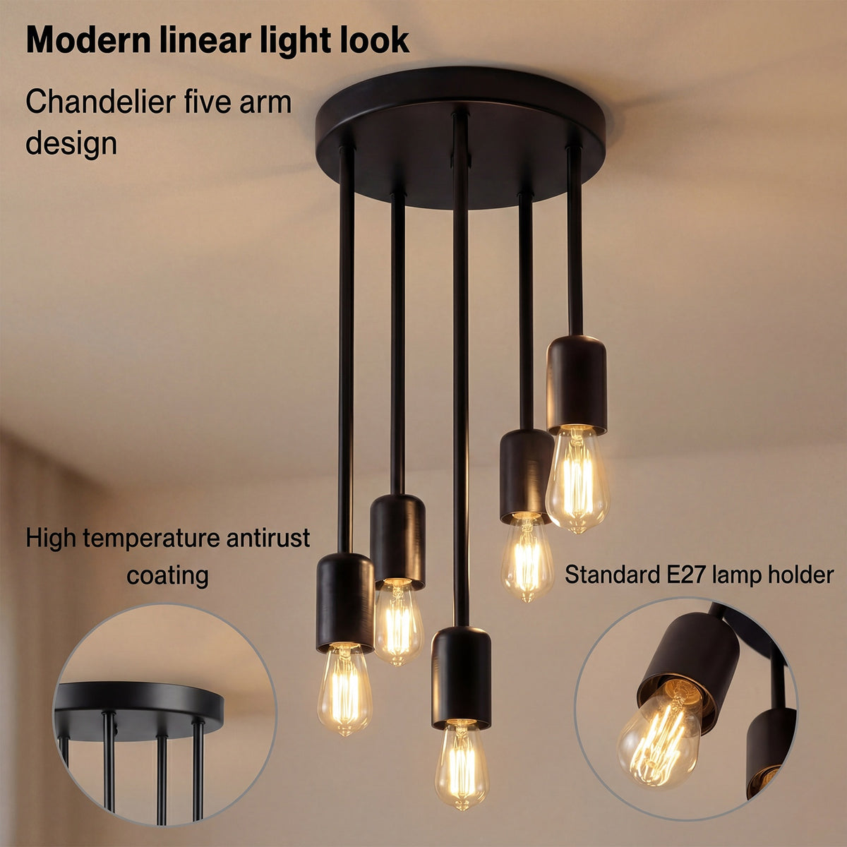 Emitto Ceiling Lights 5 Lights Flush Fitting Pendant Lamp E27 Base Black