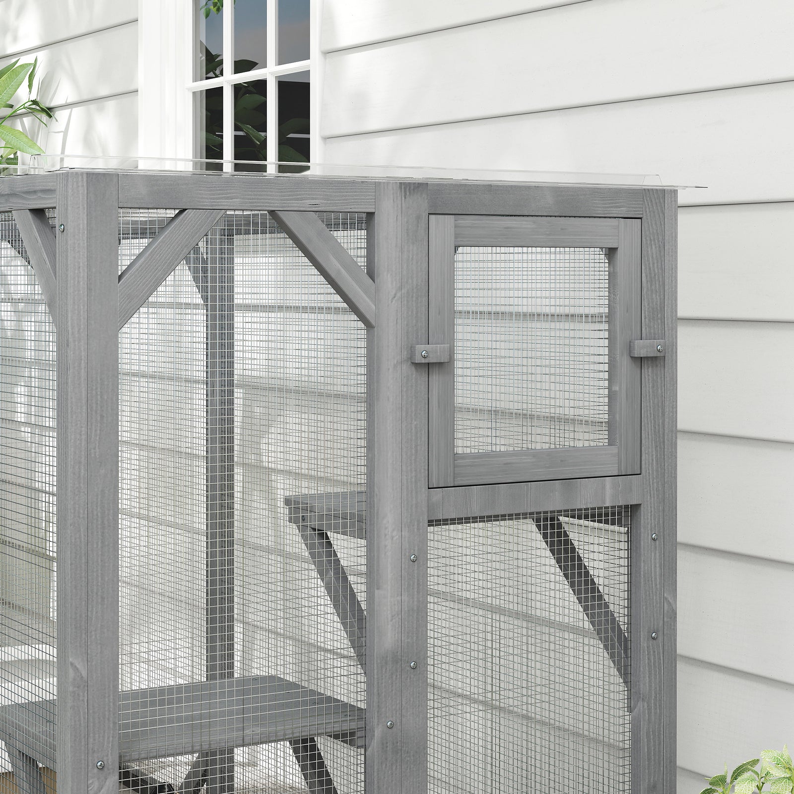 Wooden Cat House, 71" Catio Outdoor Cat Enclosure With 3 Platforms, Large Door