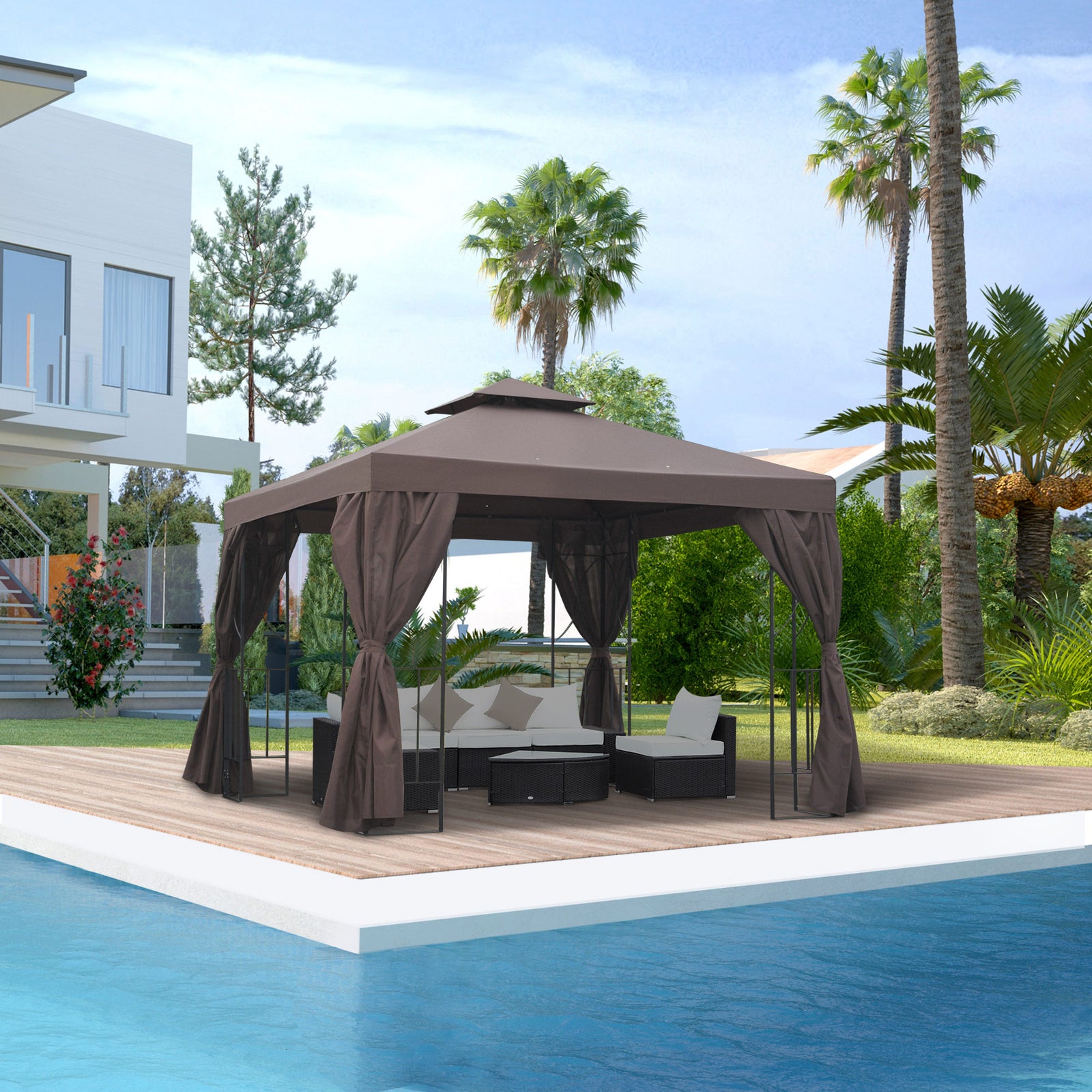 Garden Metal Gazebo Sun Shade Shelter Outdoor Party Tent | Brown