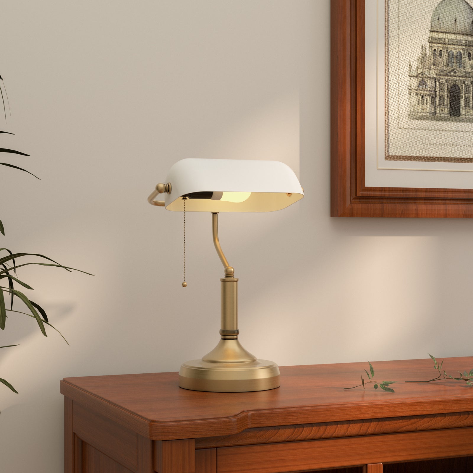 Banker's Table Lamp W/ Antique Bronze Tone Base | One Size | White