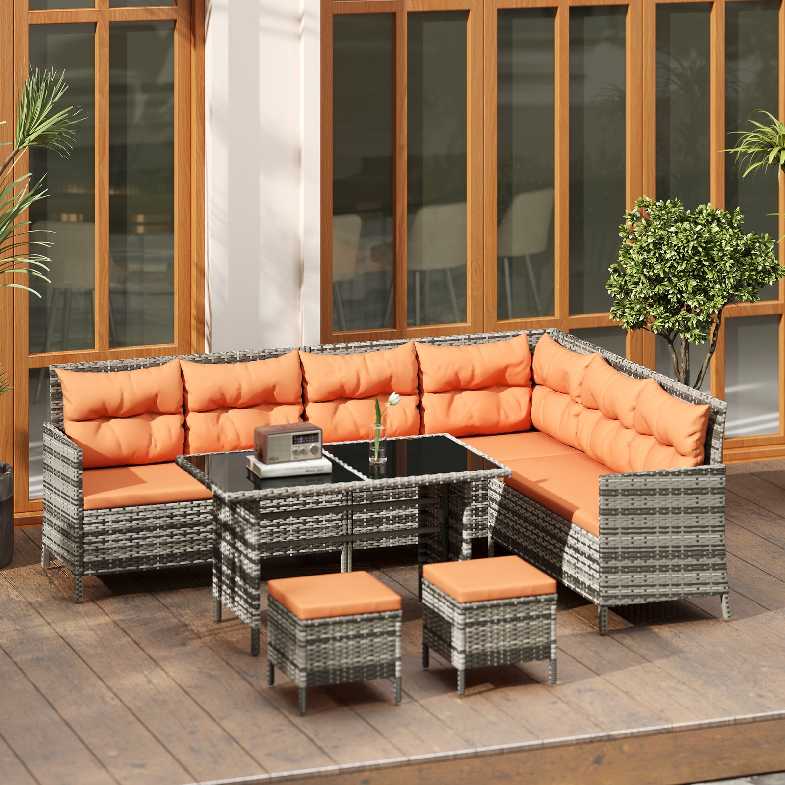 6 Pcs Patio Wicker Sofa Set Rattan Chair Furniture W/ Glass