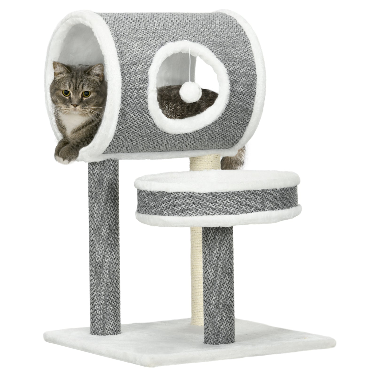 Cat Tower With Scratching Post, Cat Bed, Cat Tunnel, Toy Ball - White