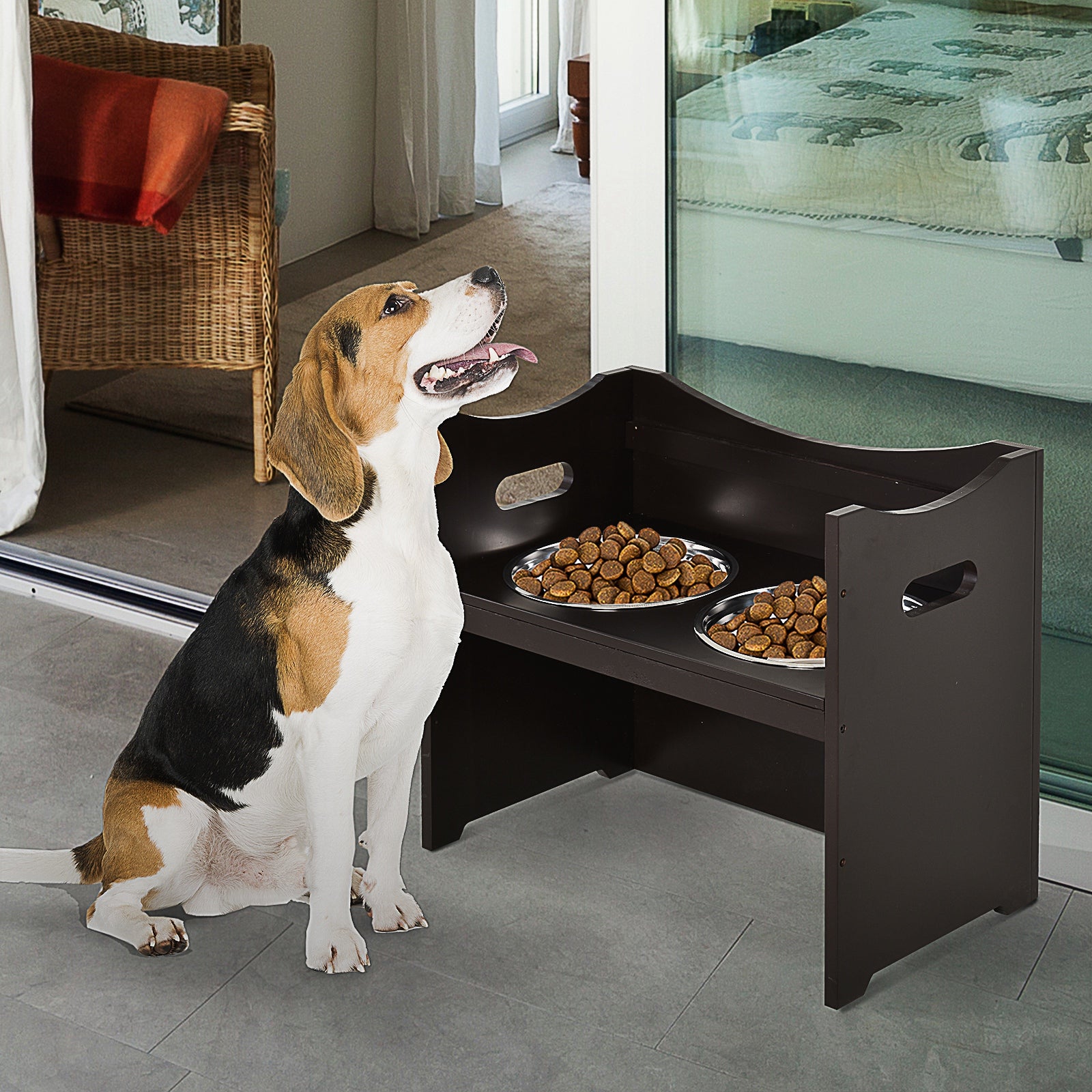 PawHut Raised Dog Bowls Duo Pet Feeder W/ Steel Bowls Adjustable Shelf Brown