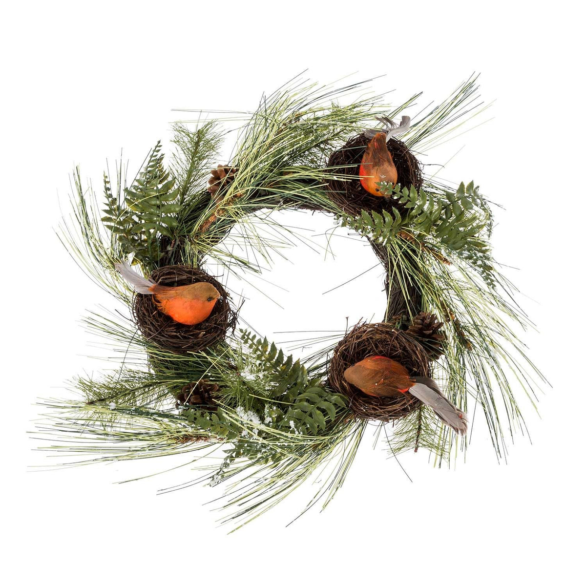 HOMESCAPES Artificial Christmas Wreath With Robins Nests, 16 Inch