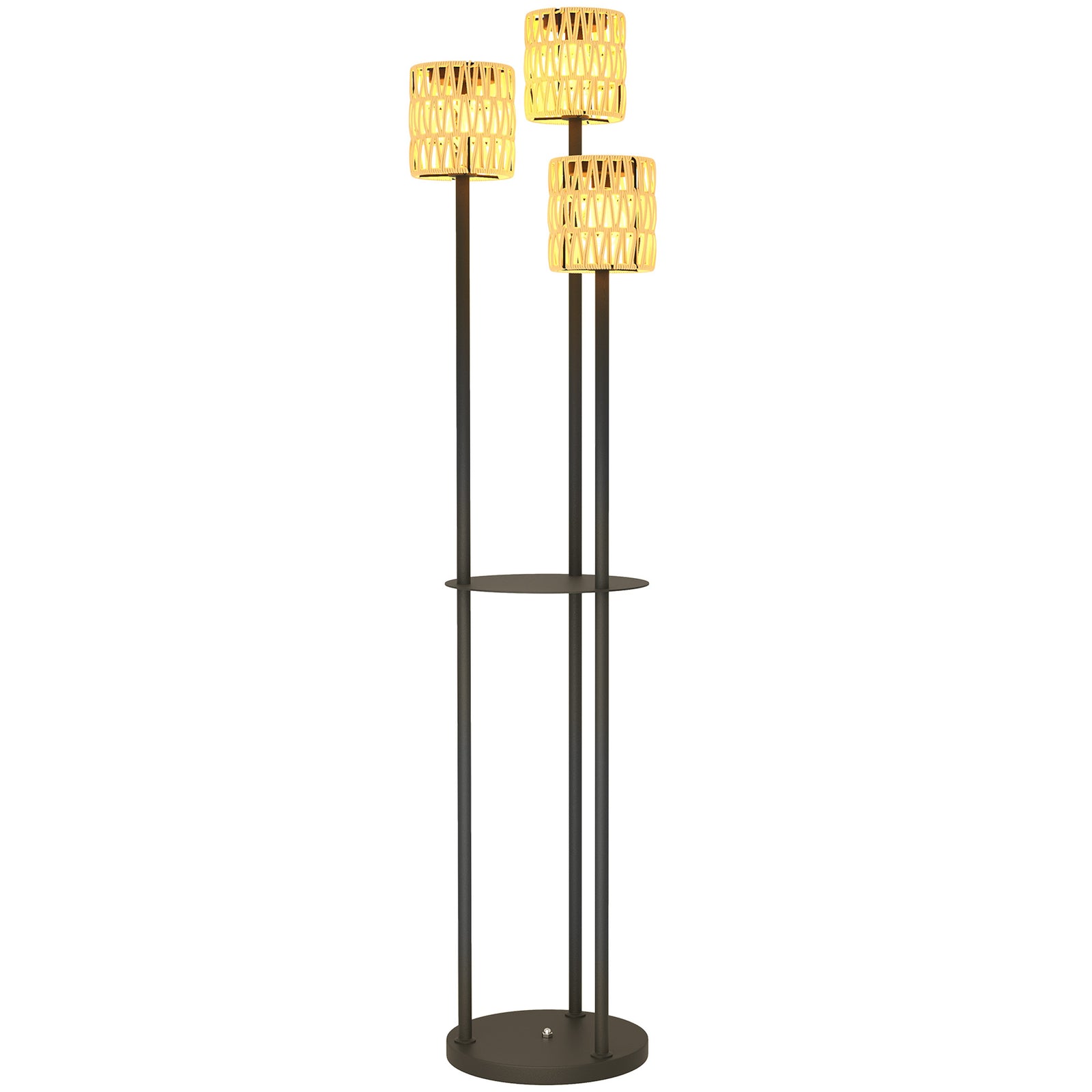 3-light Solar Rattan Floor Lamp W/ Shelf, Auto On/off