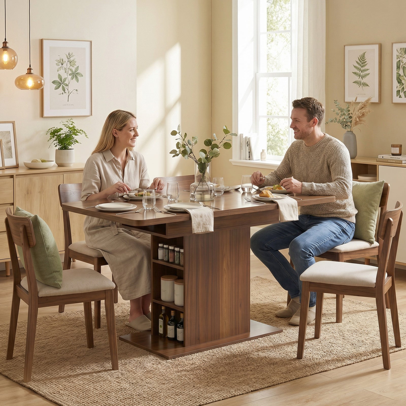 Extendable Dining Table For 4-6, Kitchen Table With Shelves | Brown