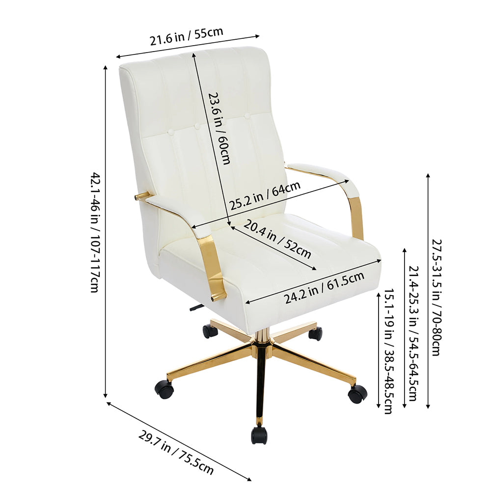 Pu Leather Office Chair With Gold Armrests, Adjustable Height & Tilt, Swivel Base | White