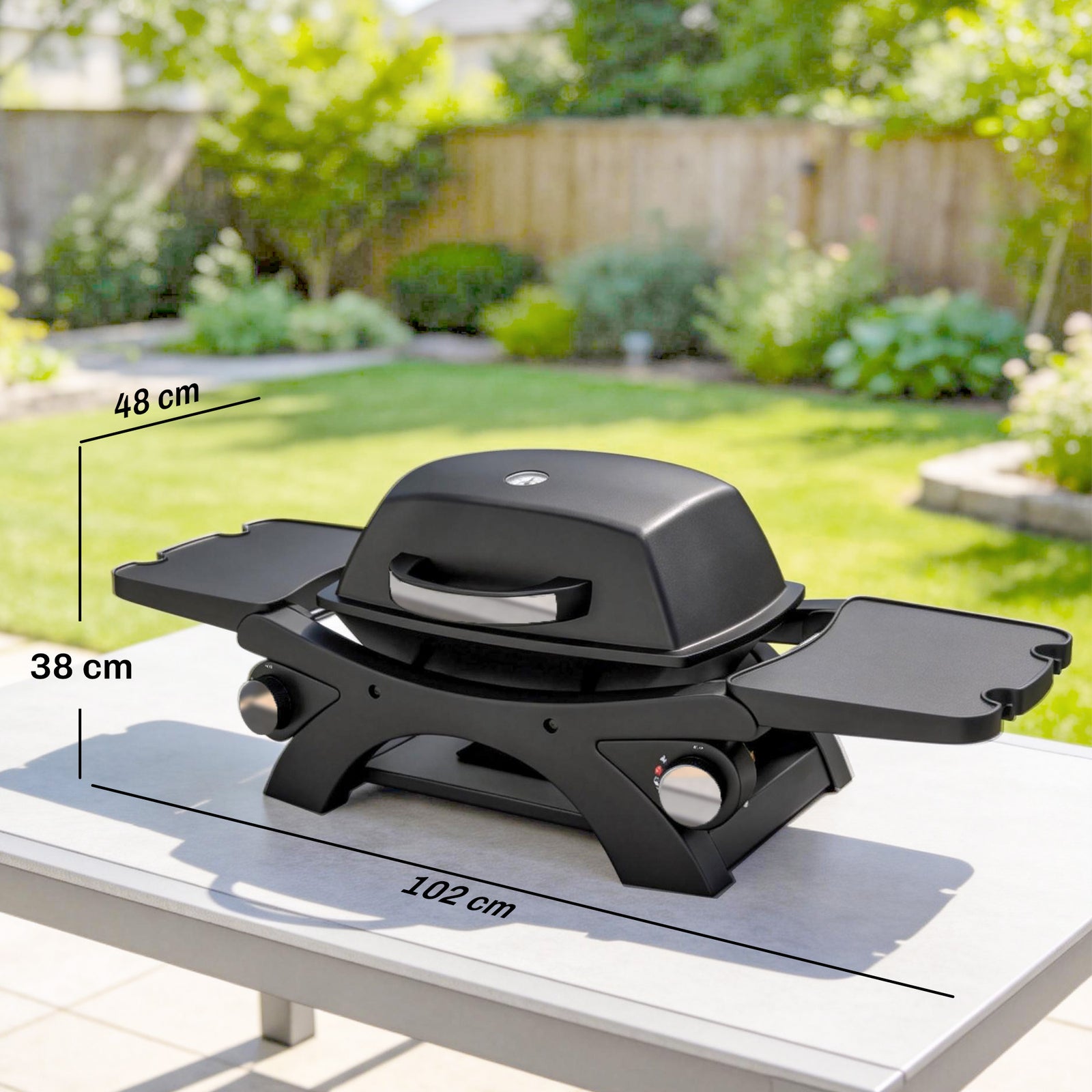 2 Burner Gas Grill, Tabletop Bbq With Cast Iron Grates, Black