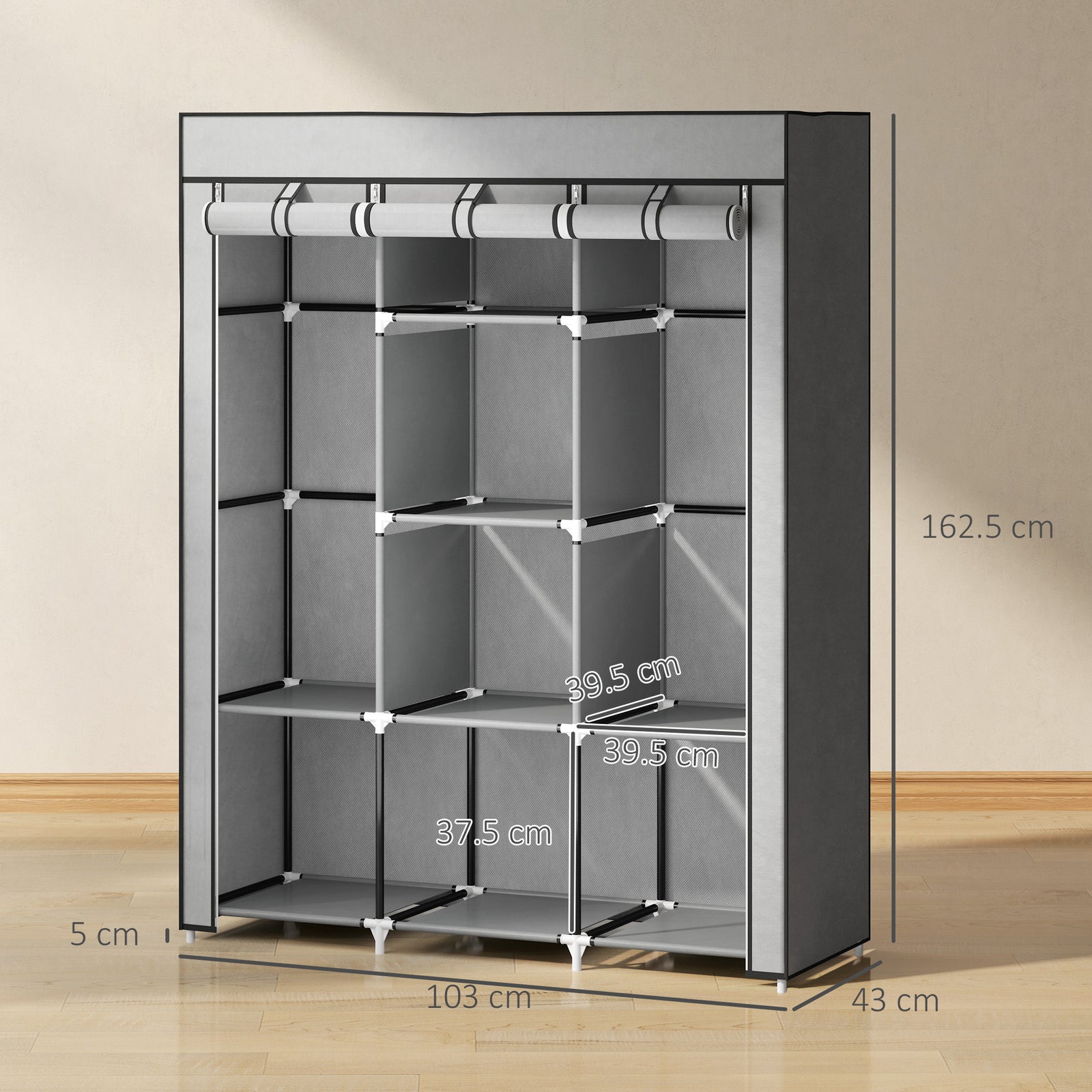 Fabric Portable Wardrobe With 8 Shelves 2 Hanging Rails | Grey