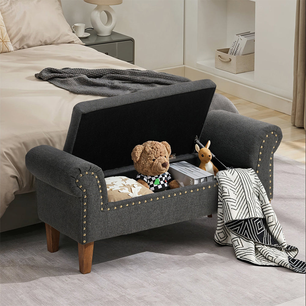 Linen Upholstered Storage Bench With Nailhead Trim & Wooden Legs – Modern Entryway Or Bedroom Seat 106cm W | Grey