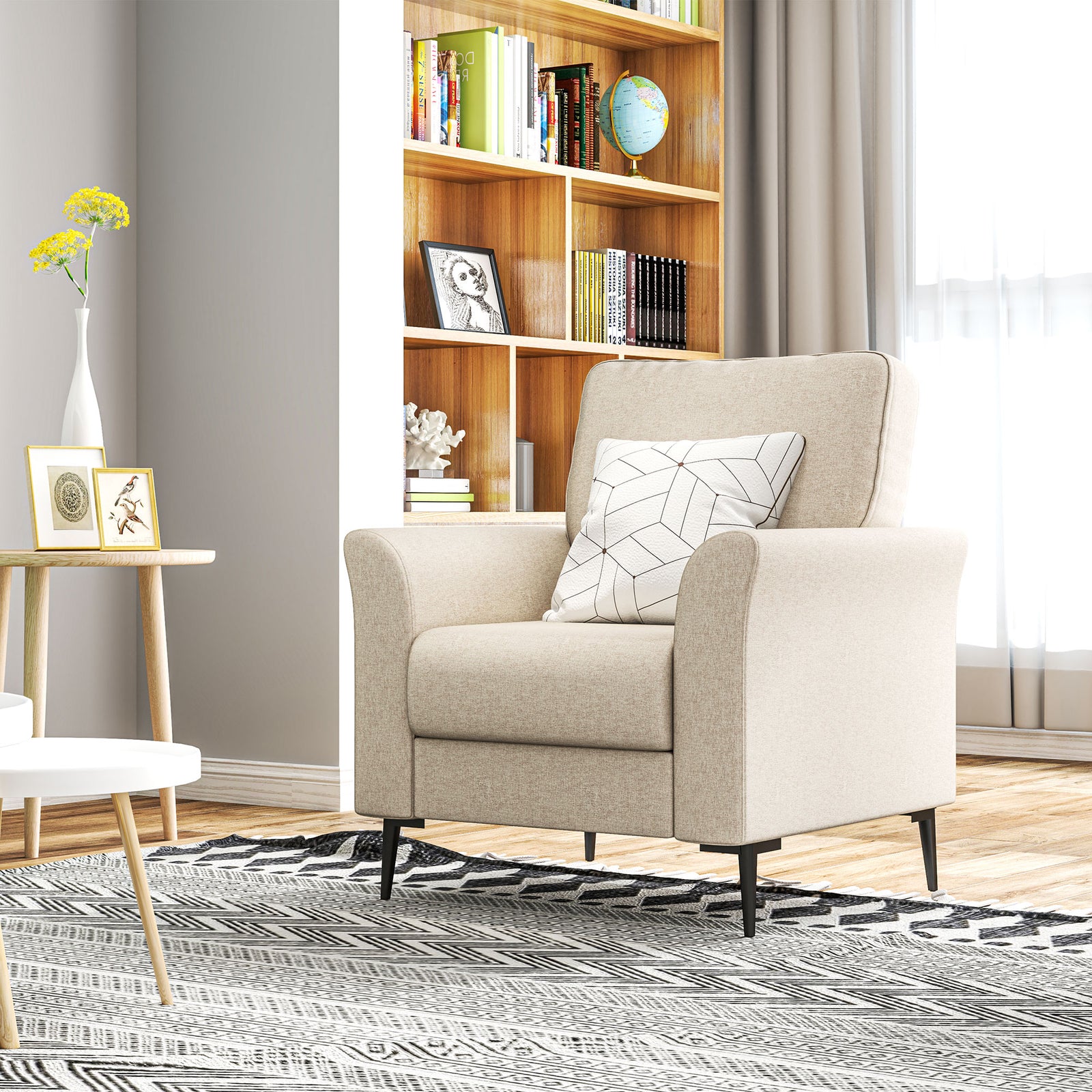 Linen Fabric Modern Sofa, Wood Frame, Beige