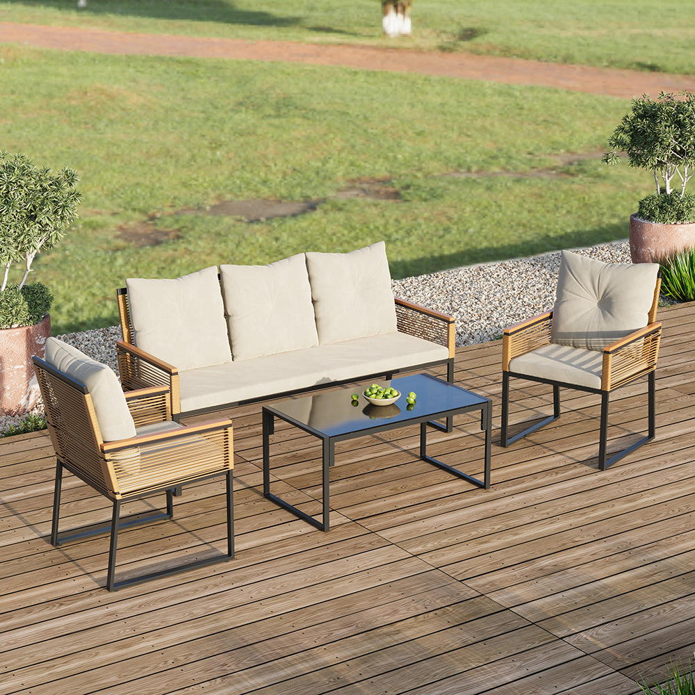 Breeins 4-piece Pe Rattan Garden Furniture Set, Outdoor Patio Conversation Set With 3-seater Sofa, 2 Armchairs, Glass Coffee Table & Cushions, Weather-resistant Wicker Seating For Garden, Backyard & Patio