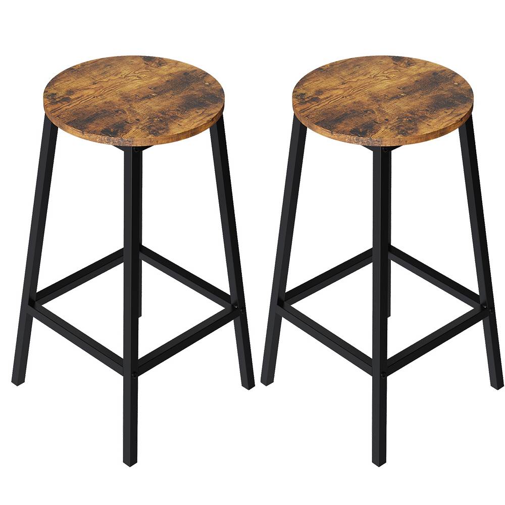 Set Of 2 Industrial Wooden Round Bar Stools With Metal Legs – Vintage Style