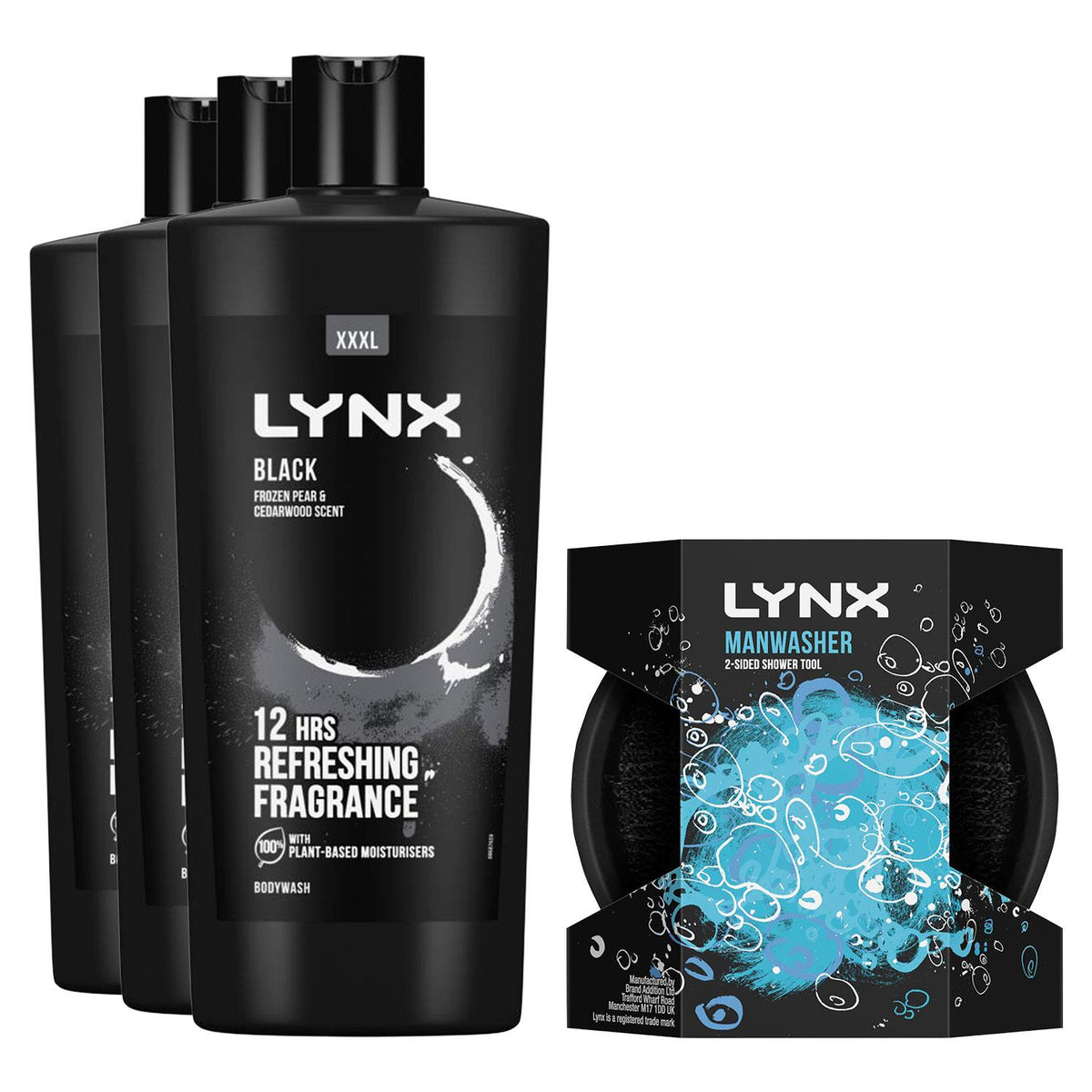 Black Shower Gel 700ml Frozen Pear Cedarwood & Manwasher 2-sided Tool | Set of 3