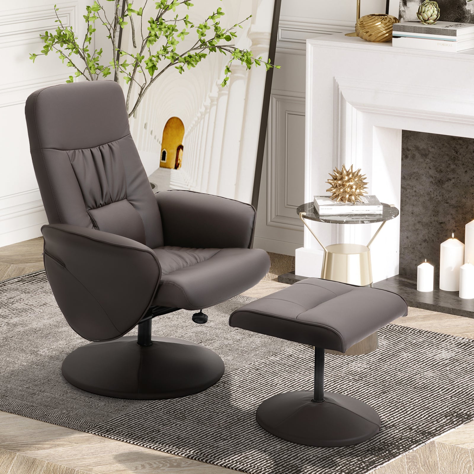 Pu Leather Armchair And Footrest Swivel Recliner W/ Ottoman | One Size | Brown