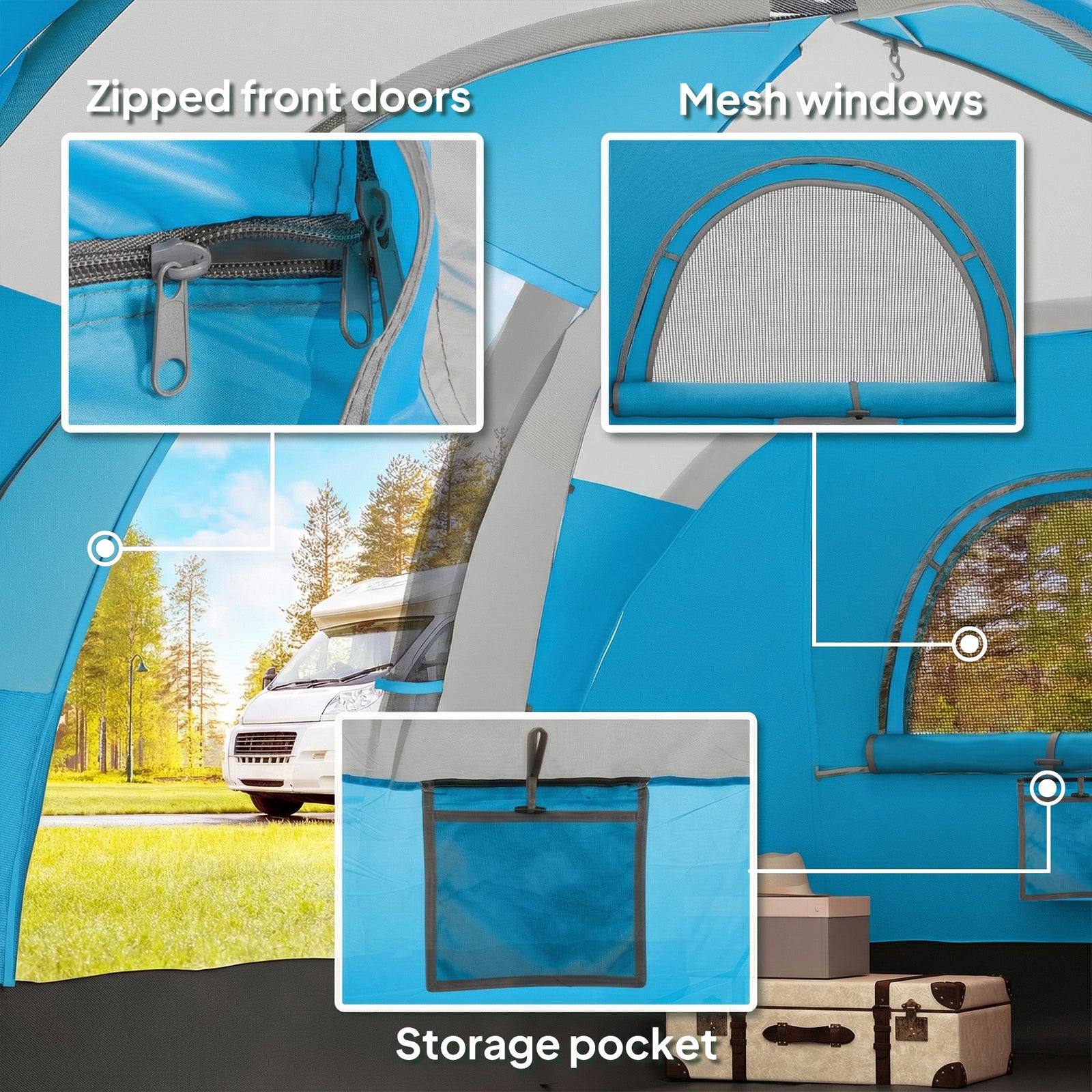 5-6 Man Camping Tent, Water Resistant Hiking Shelter | Light Blue