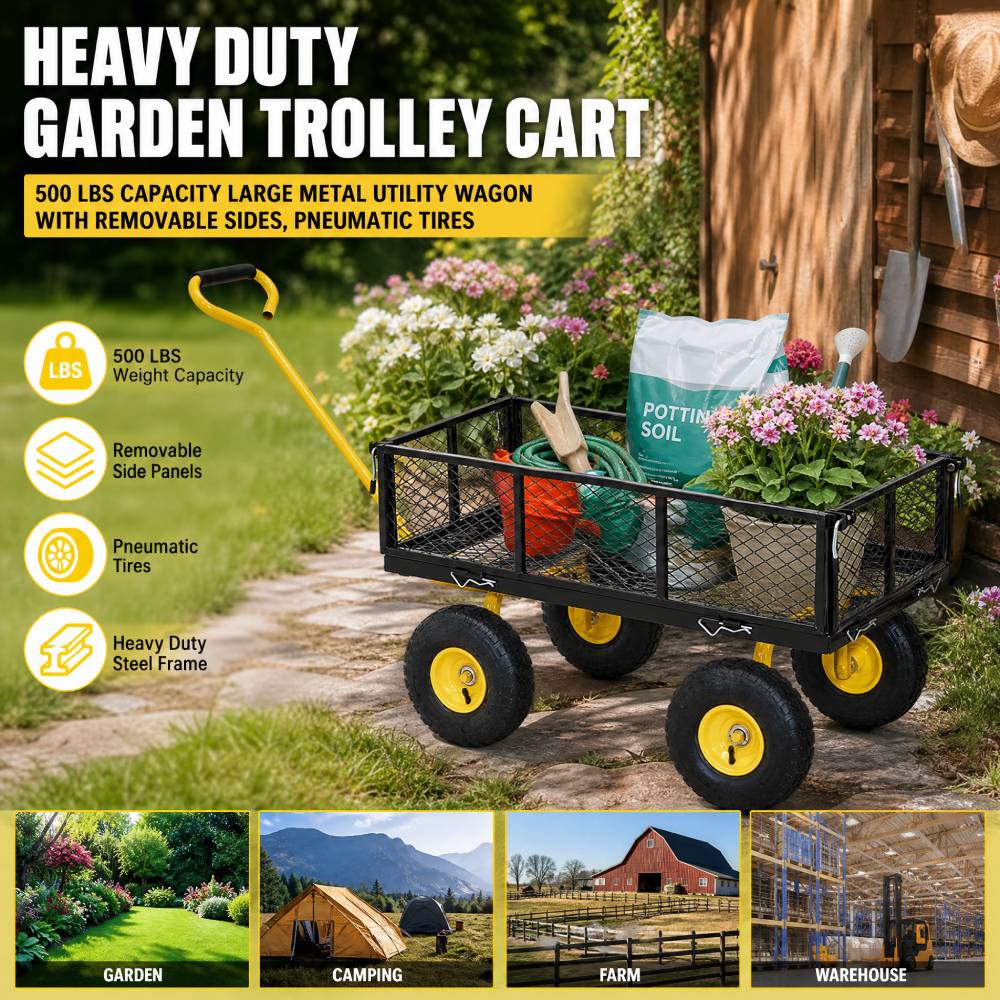 Heavy Duty Garden Trolley Cart On Wheels, 500 Lbs Capacity Large Metal Utility Wagon With Removable Sides, Pneumatic Tires | Black